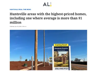 Huntsville home sales climbed 8.7% in 2025 as the city’s population surpassed 250,000. While premium areas like Downtown, Providence, and The Ledges commanded the highest prices, most sales remained below $425,000, reinforcing Huntsville’s strength as a g